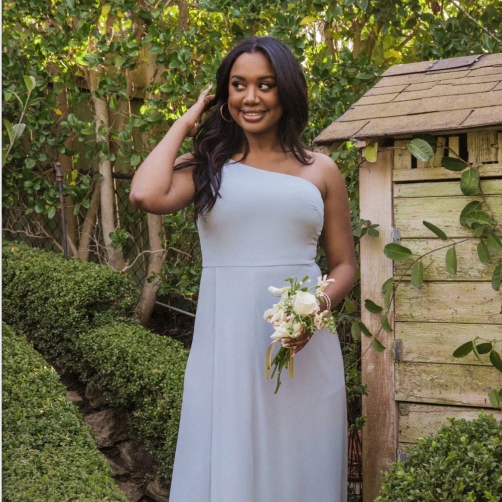Show Me Your Mumu - Shannon One Shoulder Dress in Steel Blue Chiffon (XL)